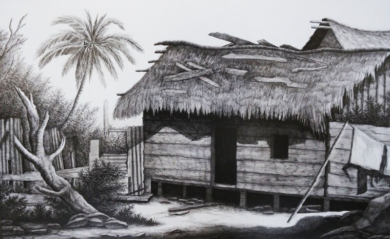 Casa del Caribe nicaragüense , plumilla sobre cartón crescent de Silvio Bonilla. LAPRENSA/Arnulfo Agüero